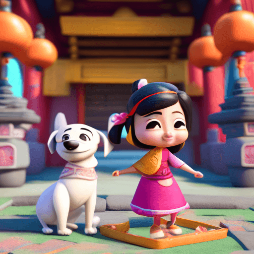 AI generated: A very cute Disney character, cuddling her playful dog (companion), in a beautiful Asian temple, sun...