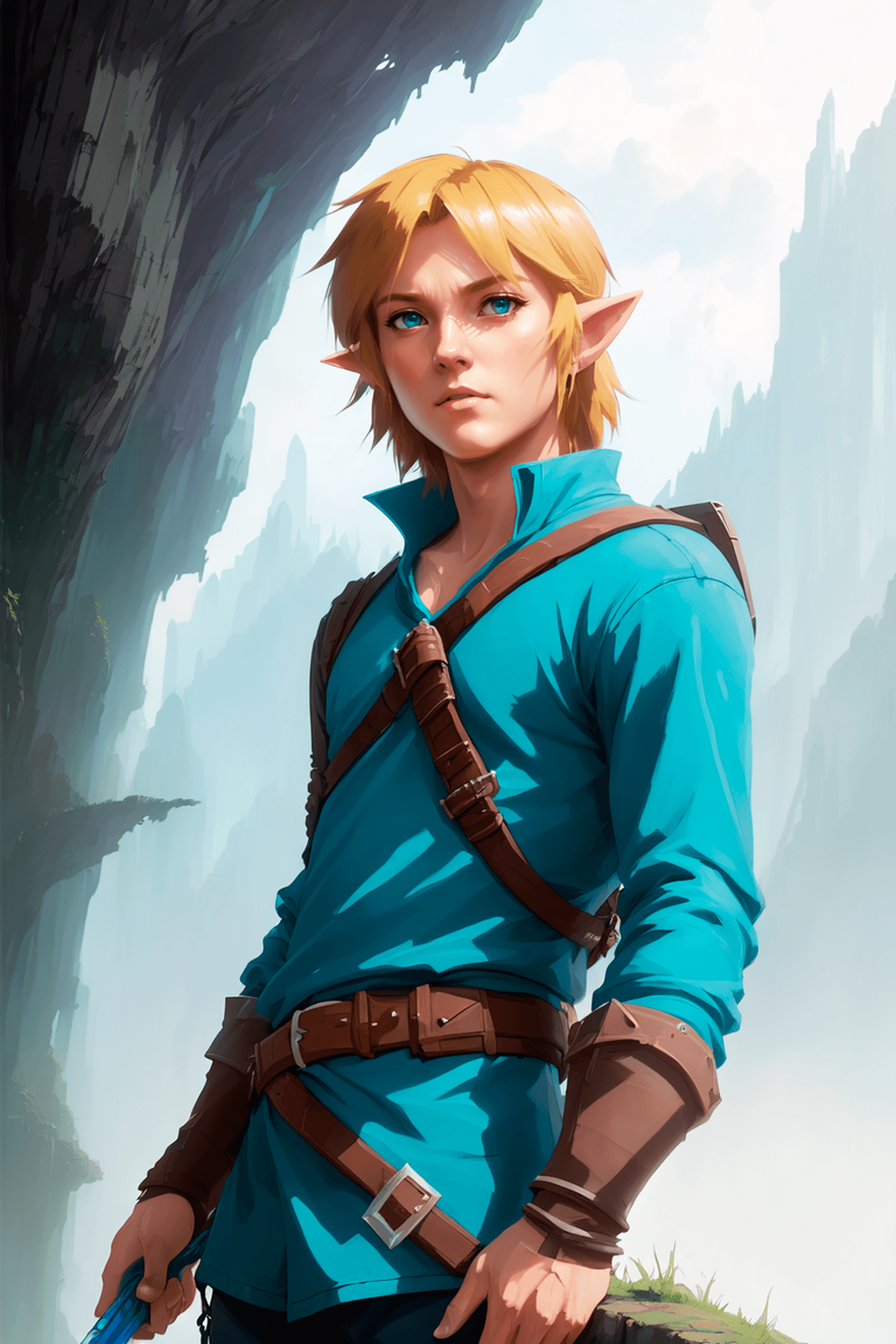 AI generated: an award winning poster of link from legend of zelda, 1man, (blue clothes), fantasy ambiance, link, ...