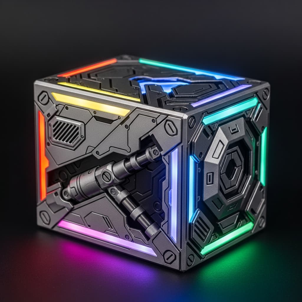 AI generated: Generate a small rectangular box with RGB lighting and a mecha theme.
