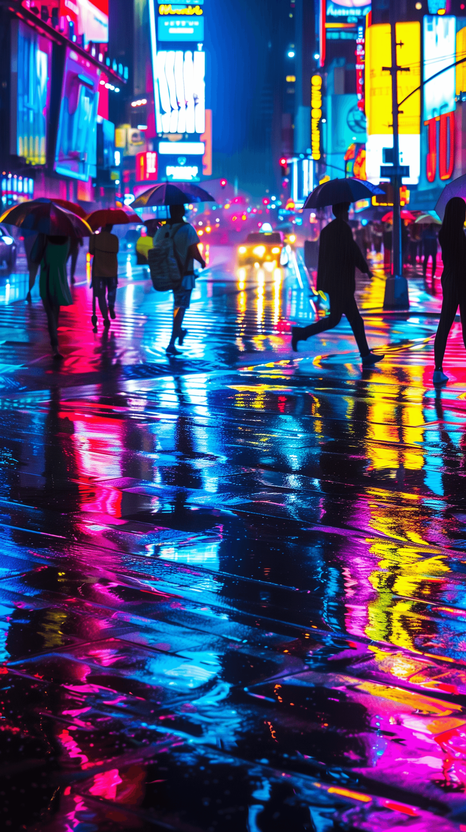 AI generated: vibrant nighttime scene in an urban, neon lights reflect on wet streets, composition should focus on...
