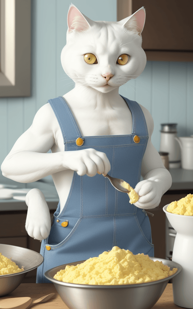 AI generated: Anthropomorphic cute white cat dressed in blue denim overalls, eating scrambled eggs at the table, i...
