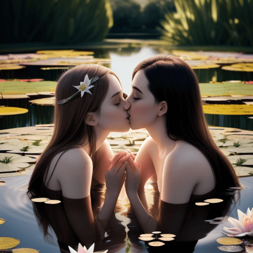 AI generated: Young and beautiful trans and sister kissing by them Lily pond