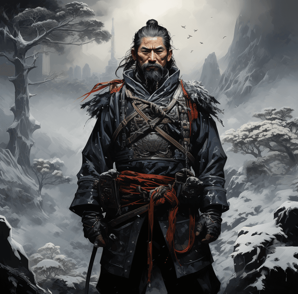 AI generated: a samurai in the snow with swords in his hands, holding in the snow, in the style of realistic fanta...