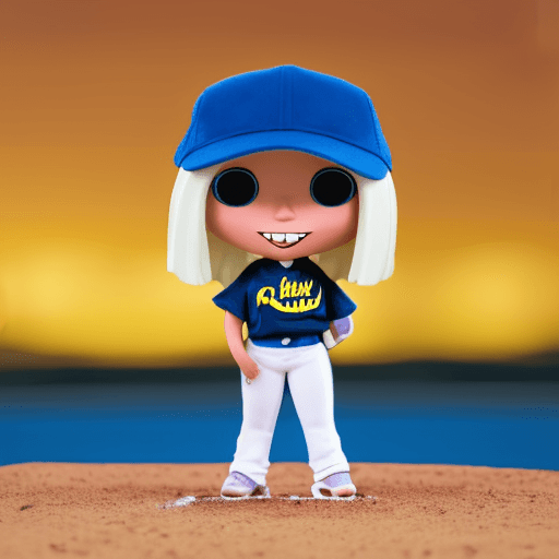 AI generated: baseball girl long yellow blonde hair funko pop wearing baseball hat with crescent moon logo