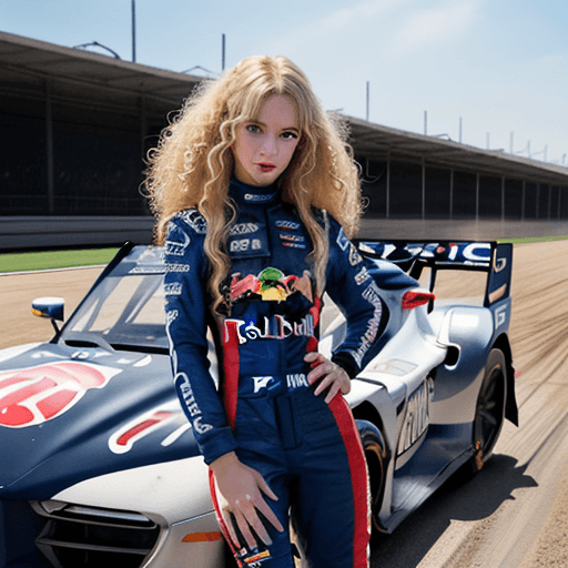 AI generated:  perfect anime illustration, 1girl, blonde, blue eyes, curly hair, sidehair, racecar driver, firesui...