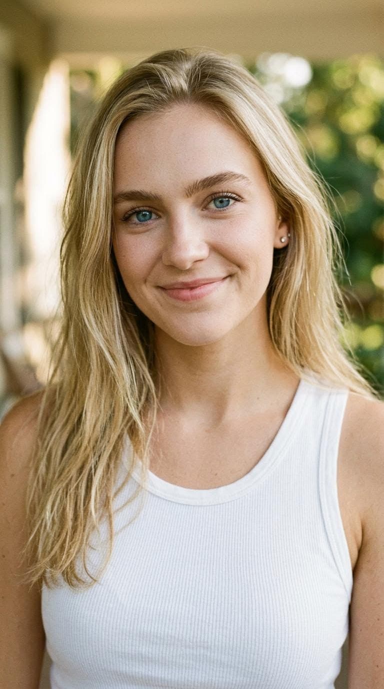 AI generated: all american girl next door blue eyes hair down light blonde hair tone not muscular matcing blonde e...