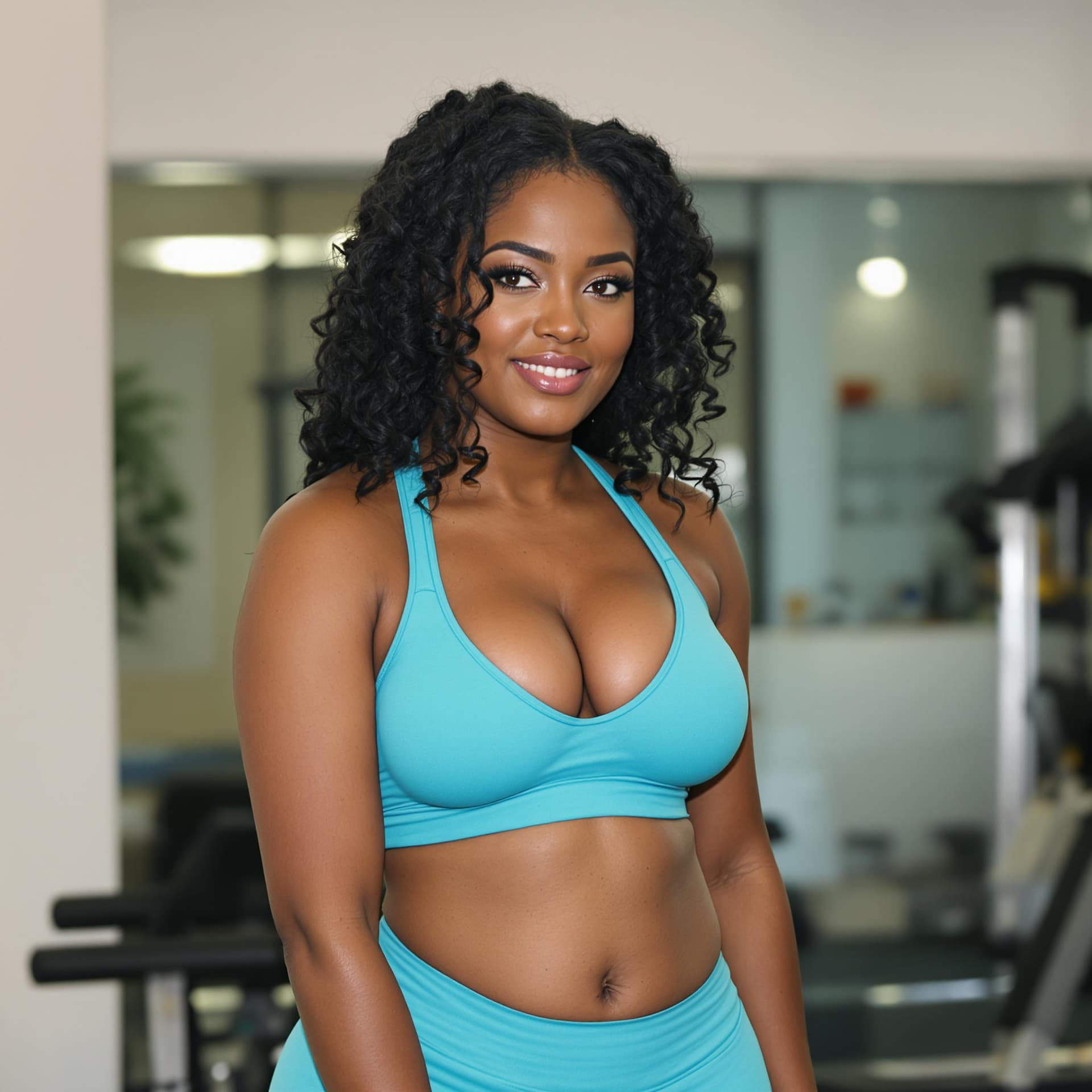 AI generated: attractive black woman with curvaceous body. She is wearing cyan leggings and a sports bra. The woma...