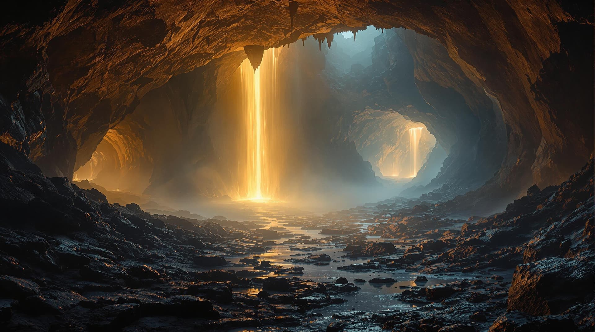 AI generated: a cinematic, fantasy landscape underground with an ethereal, glowing waterfall, surrounded by misty ...