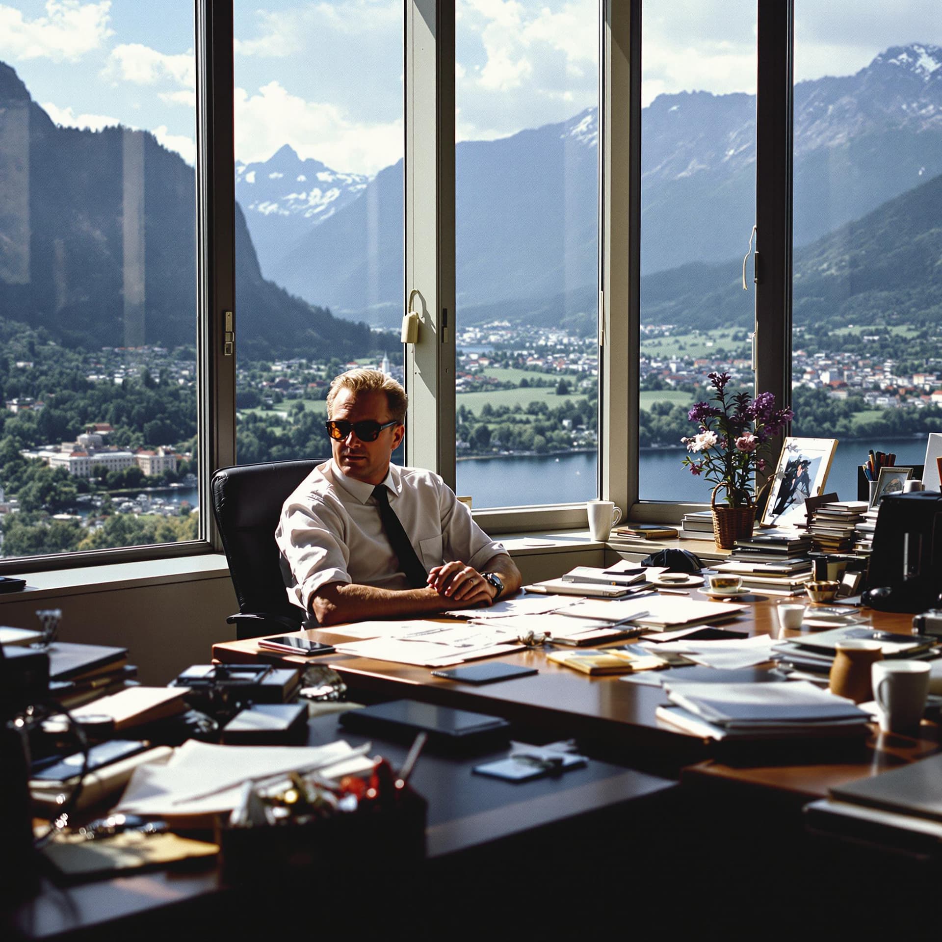 AI generated: An office of a Swiss executive in the early eighties, sitting at his desk with large windows overloo...