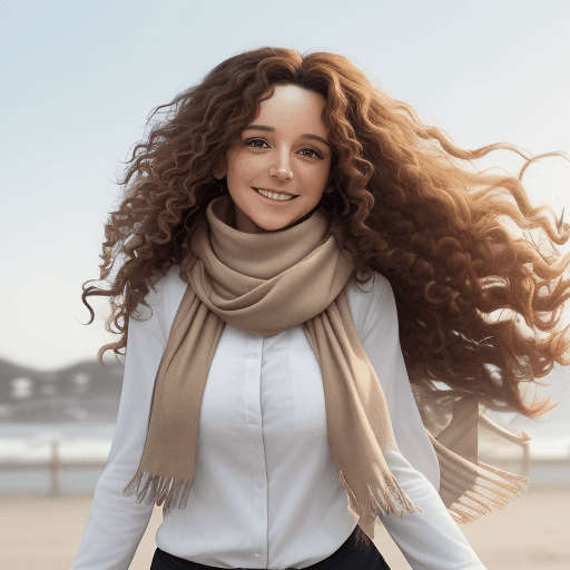 AI generated: The image features a woman with long, curly hair, wearing a white shirt and a scarf. She is looking ...