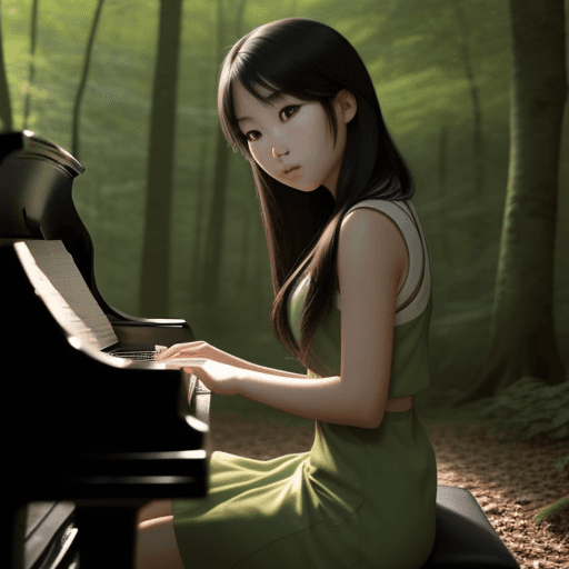 AI generated: Photo of 2 ultra realistic beautiful Asian girl, playing piano in the forest.  her face and body nee...