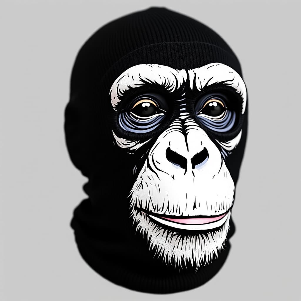 AI generated: a black ribbed knit baklava 3-holes skimask painted with a flat inked chimpanzee face illustration o...