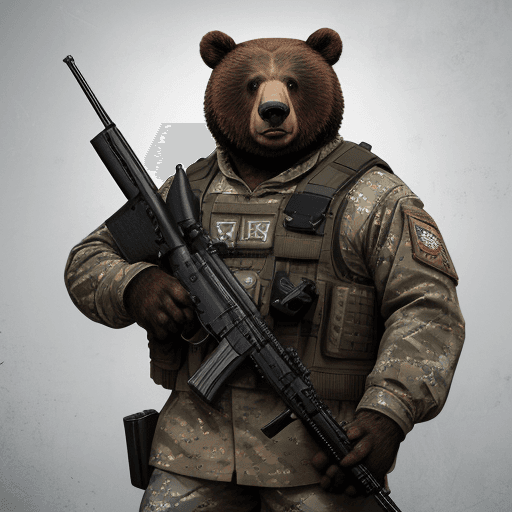 AI generated: Courageous greazly bear in full heart military uniform, holding a shotgun, anthropomorphic, super de...