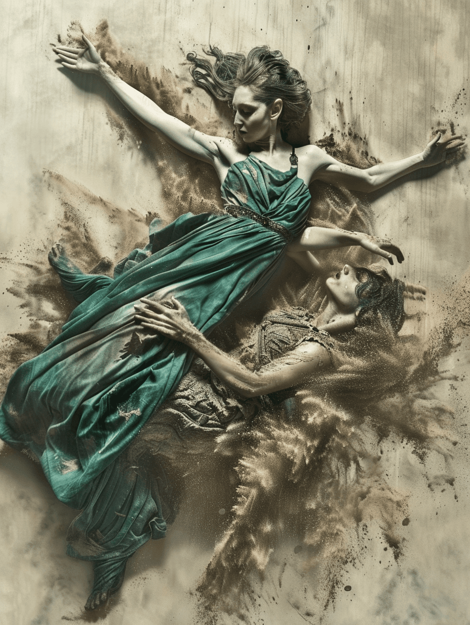 AI generated:  A gorgeous woman-like being created out of stone, emerging from the ground, dust dancing around her...