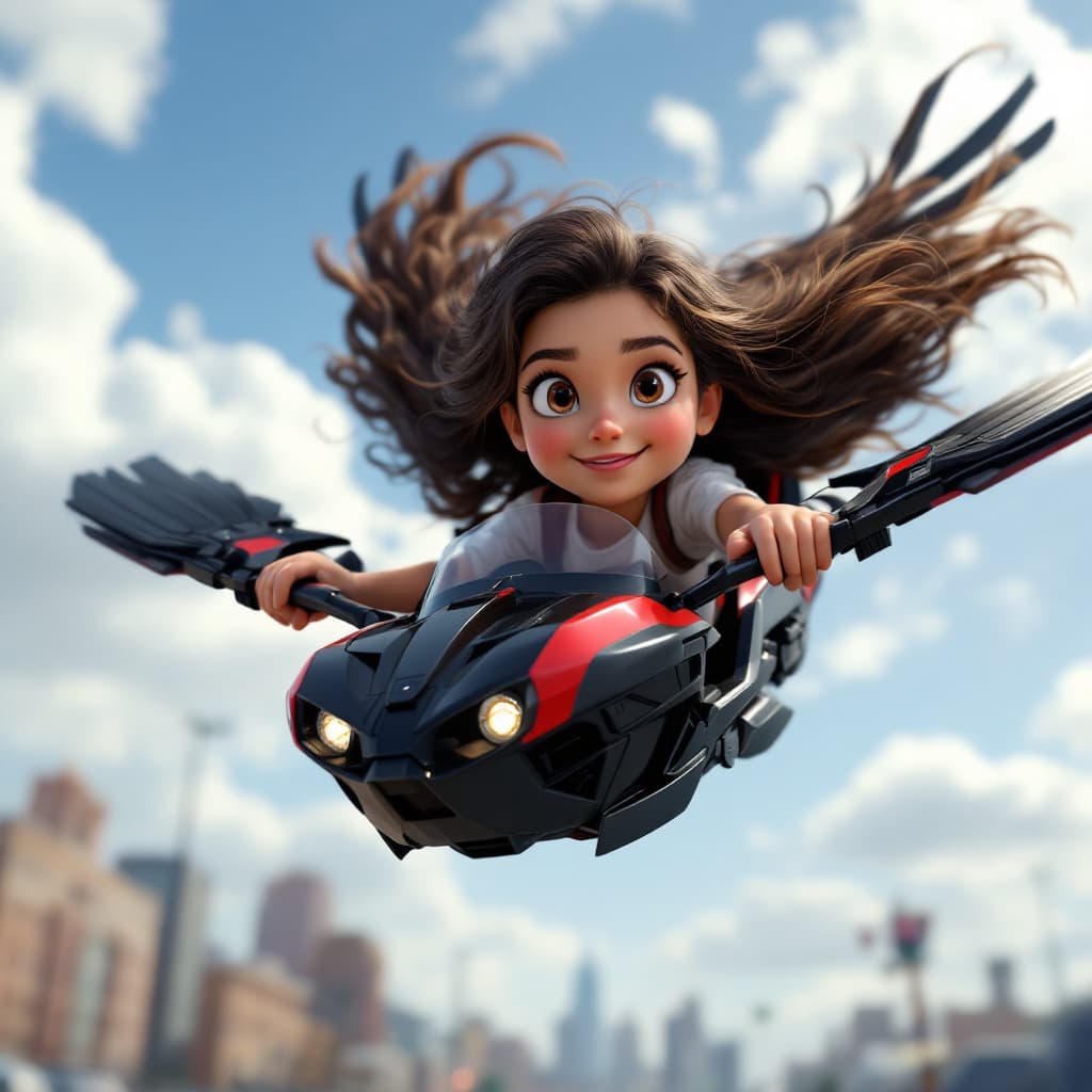 AI generated: YOUNG LATINA WITH LONG BROWN HAIR, RIDING IN A BLACK AND RED SLINGSHOT WITH BUILT-IN WINGS. TAKING O...