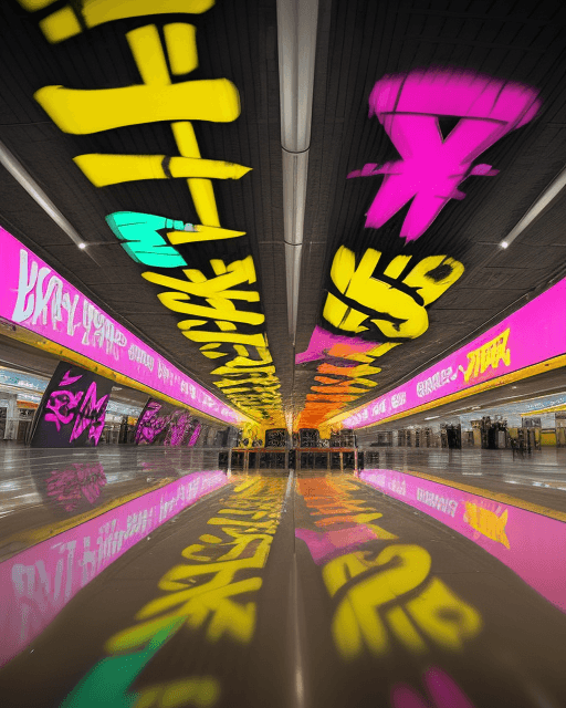 AI generated: Vibrant, kinetic typography swirls around a jam-packed airport terminal, where suitcases and luggage...