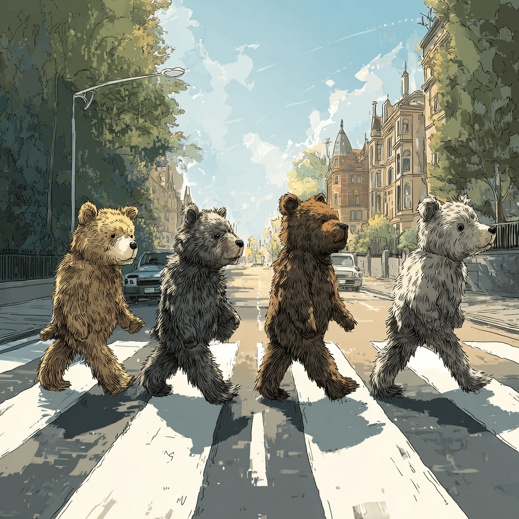 AI generated: Create an illustration showing four bear cubs crossing a street in a single file. The scene should b...