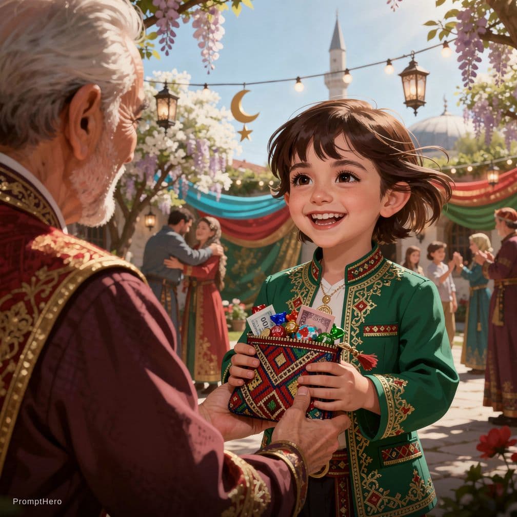 AI generated: A vibrant, modern digital illustration capturing a joyful Ramazan Bayramı moment in Turkey. Perspect...