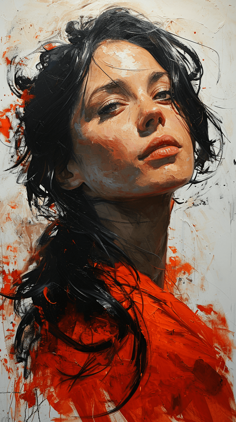 AI generated: a large painting depicting a woman with long black hair, in the style of david bailey, dark orange a...