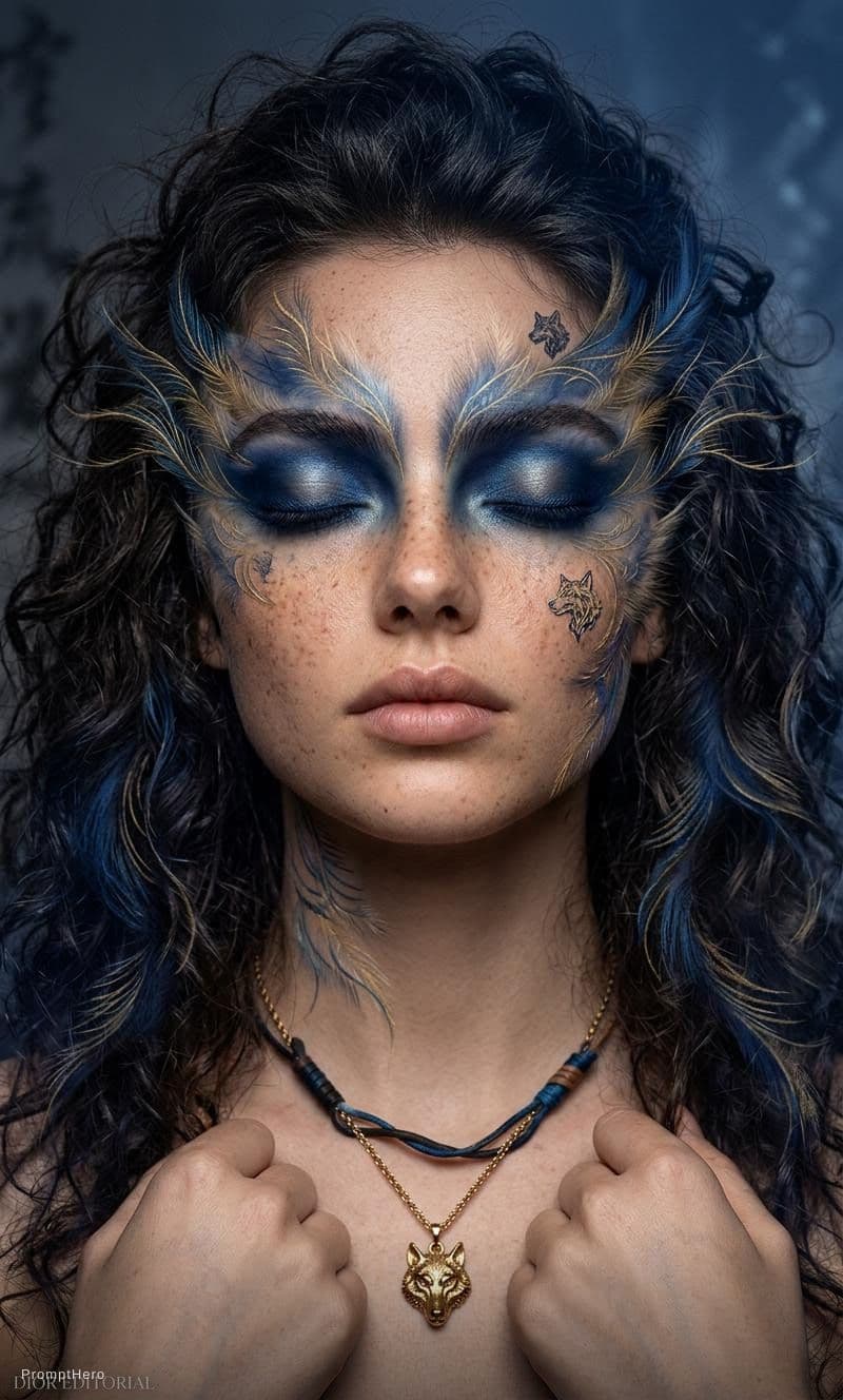 AI generated: a close up of a woman with a blue eye shadow on her face, official dior editorial, trending on pintr...