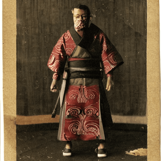 AI generated: full body image, assassin kenhiro samurai, with face cut, kimono with blood from epic battles.