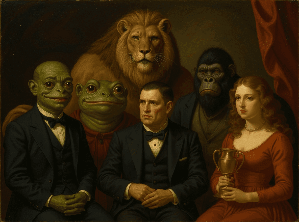 AI generated: a renaissance baroque painting of the six characters, three eyed alien, stocky frog wearing a tuxedo...