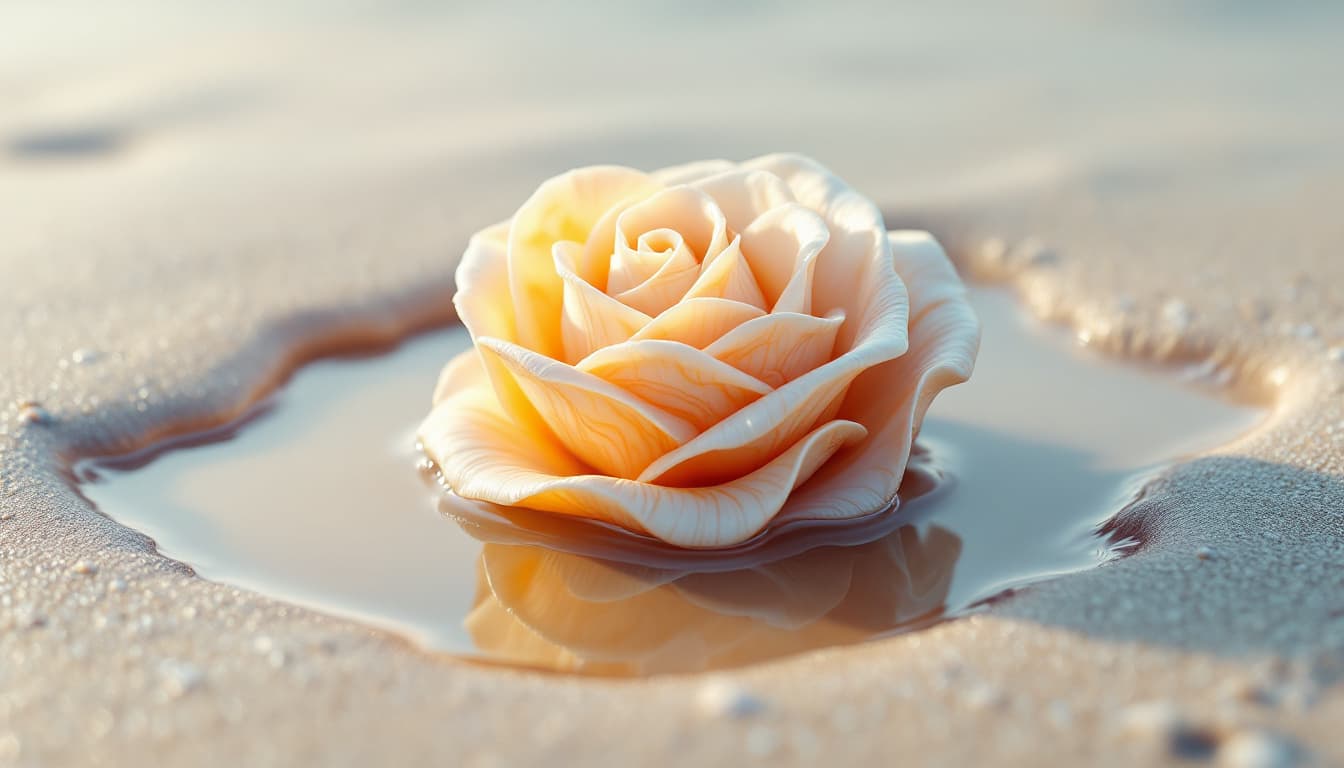 AI generated:  a close view of a delicate sea shell in 3d, shaped like a rose, resting on the beach surrounded by ...
