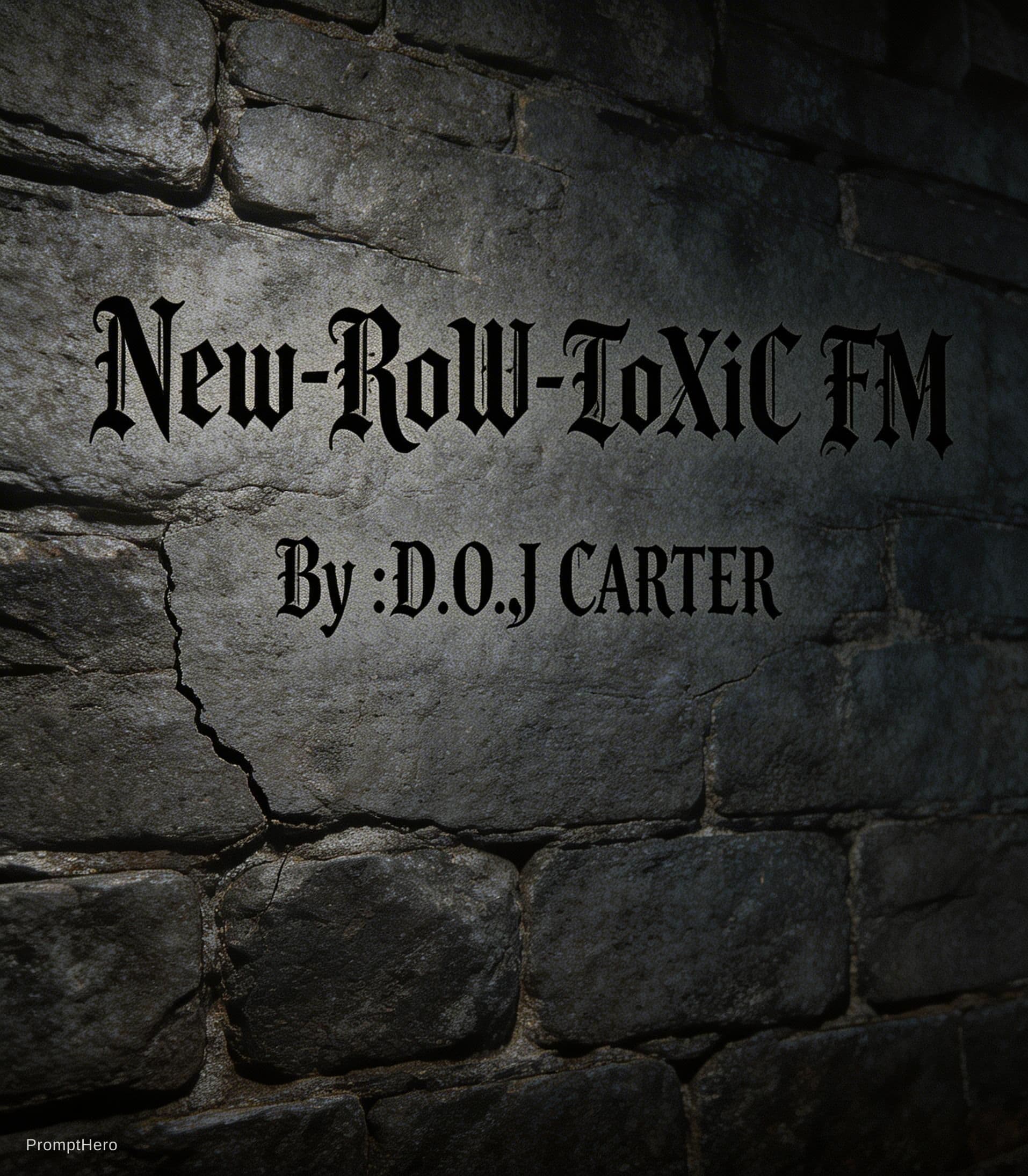 AI generated: A JPG format of a Gothic style writing on a wall written New-RoW-ToXiC FM. 
By :D.O.J CARTER 