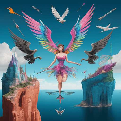 AI generated: In a surreal landscape of vivid colors and dreamlike vistas, an artistically rendered winged figure ...