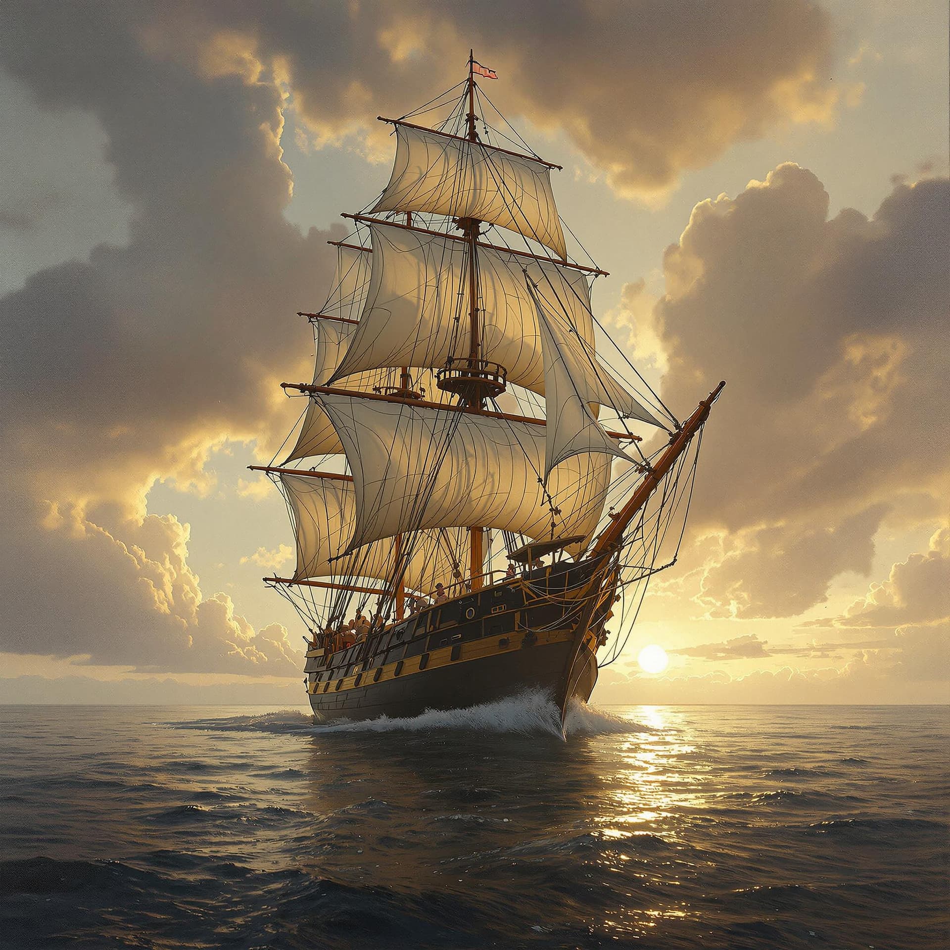 AI generated: Oil painting of a ultra realistic schooner, dramatic light, pale sunrise, cinematic lighting, batter...