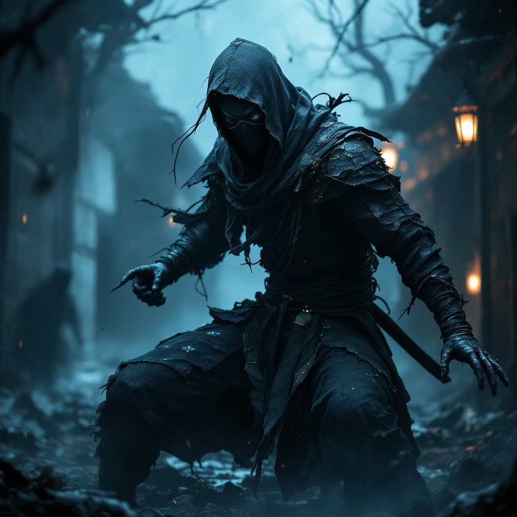 AI generated: the Ninja, Performing some kind of action, horror ,The setting is in the decayed Edo period of Japan...