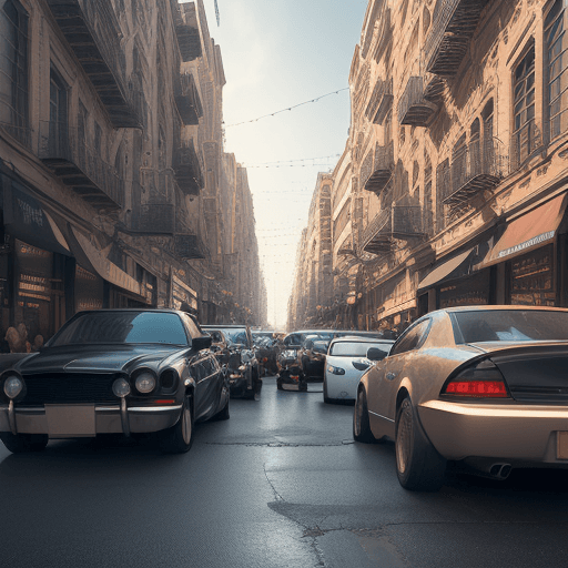 AI generated: cars parked on the city streets with flow of people8k, intricate detail, photorealistic, realistic l...