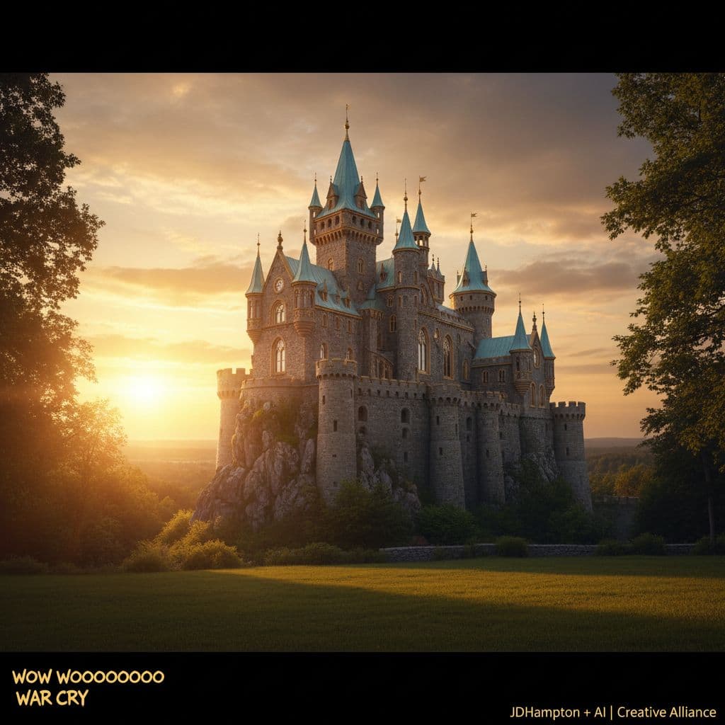 AI generated: Beautiful evening sunset combined with  a beautiful amazing castle, similar to the very amazing Karl...