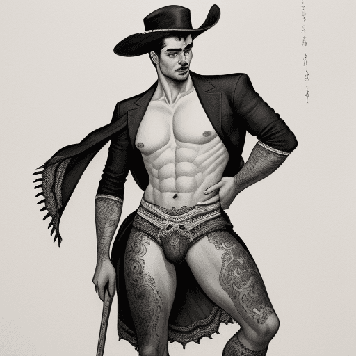 AI generated: a handsome  full body Spanish torero shirtless man, in the style of traditional ink painting, low sa...