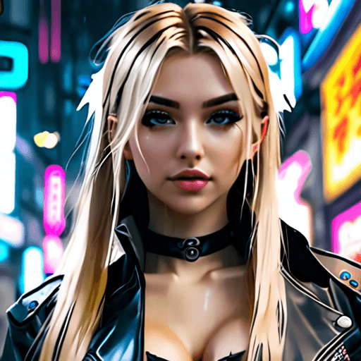 AI generated: beautiful woman, Long Dirty-blonde Hair With Blonde Streaks, Cyberpunk, Anime Style, Immersive Backg...