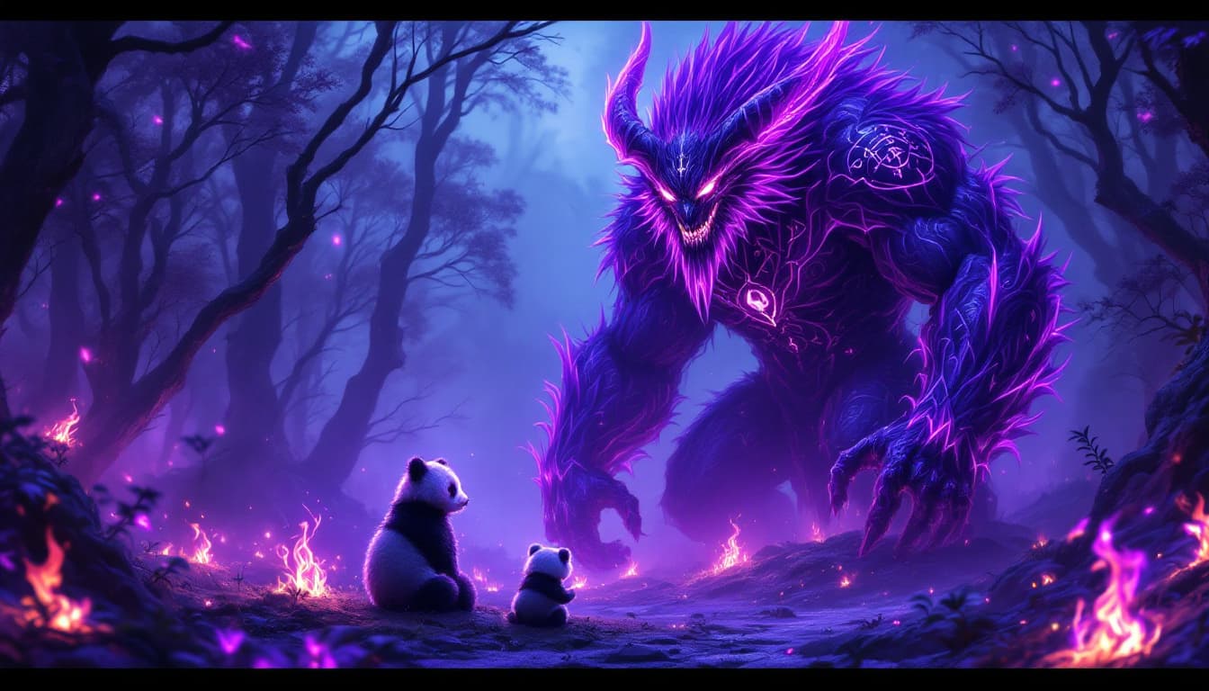 AI generated: In an enchanting twilight forest, where dusk mingles with mystical magic, stands a majestic purple d...