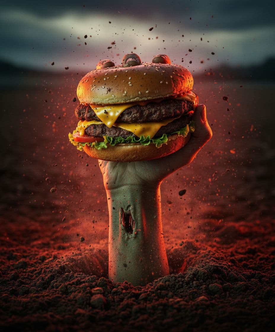 AI generated: "A zombie hand breaking through the earth holding a beef burger with melted cheese — extreme close-u...