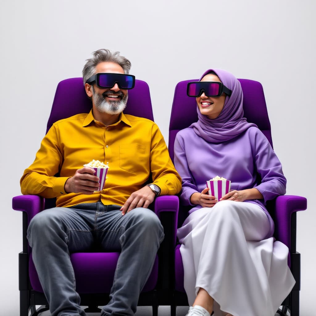 AI generated: super realistic photo of A Bahraini couple wearing black 3d cinema glasses, smiling, seating on two ...