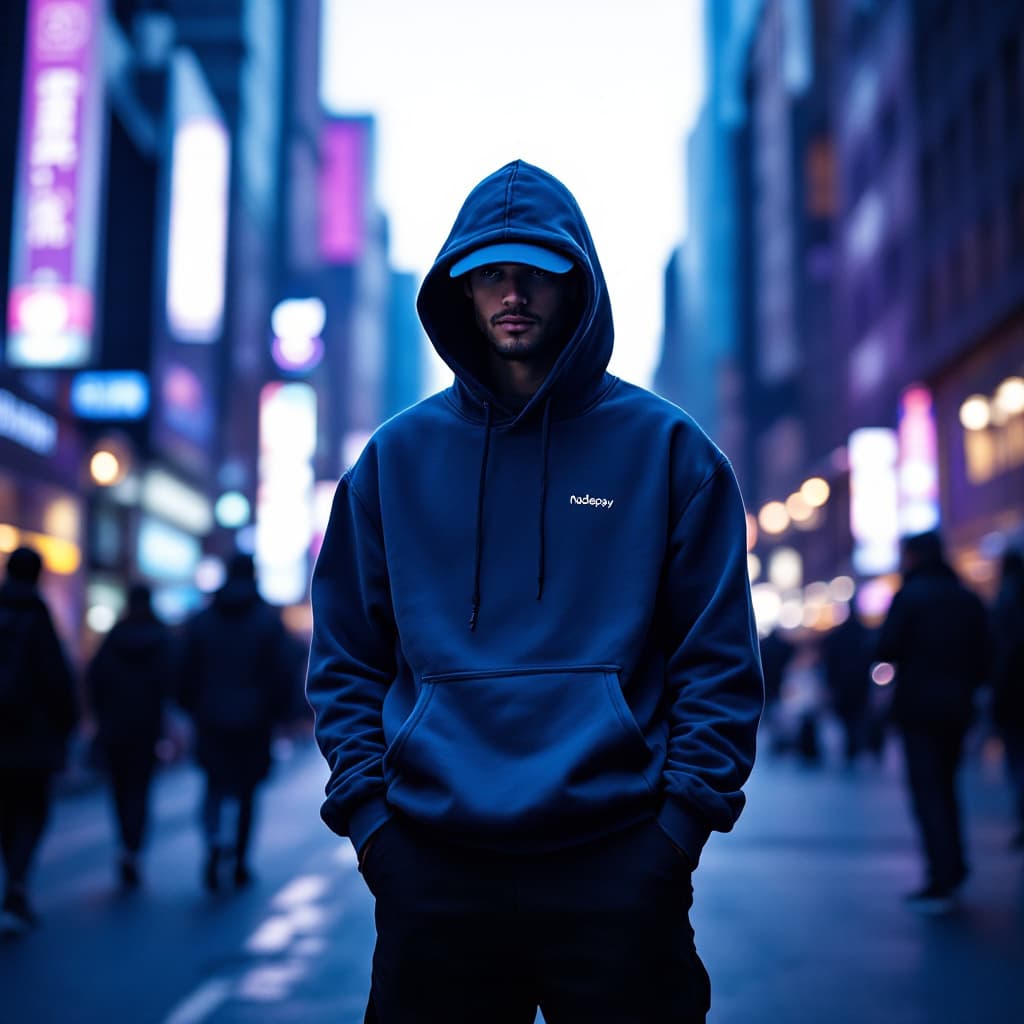 AI generated: wide and low angle, cinematic, fashion photography for the brand Nodepay. Man standing on a busy str...