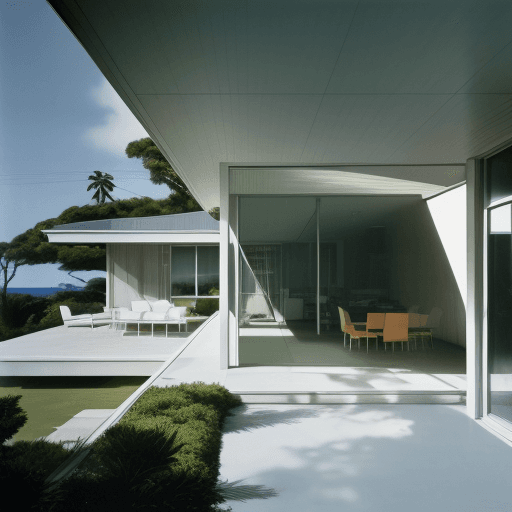 AI generated: Hyper realistic eye level exterior photo of a mid century modern style house overlooking the ocean, ...