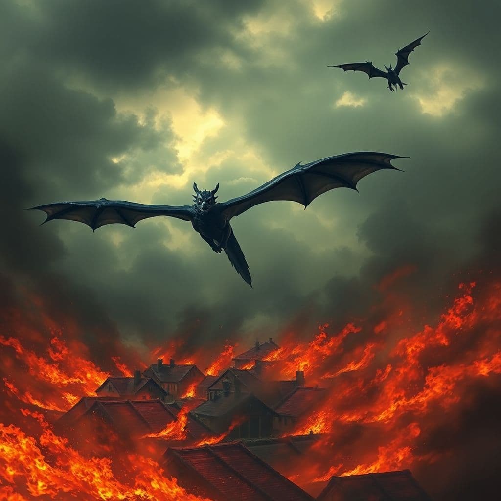 AI generated: The image depicts a dramatic and intense scene of a village in flames, with a large black dragon fly...