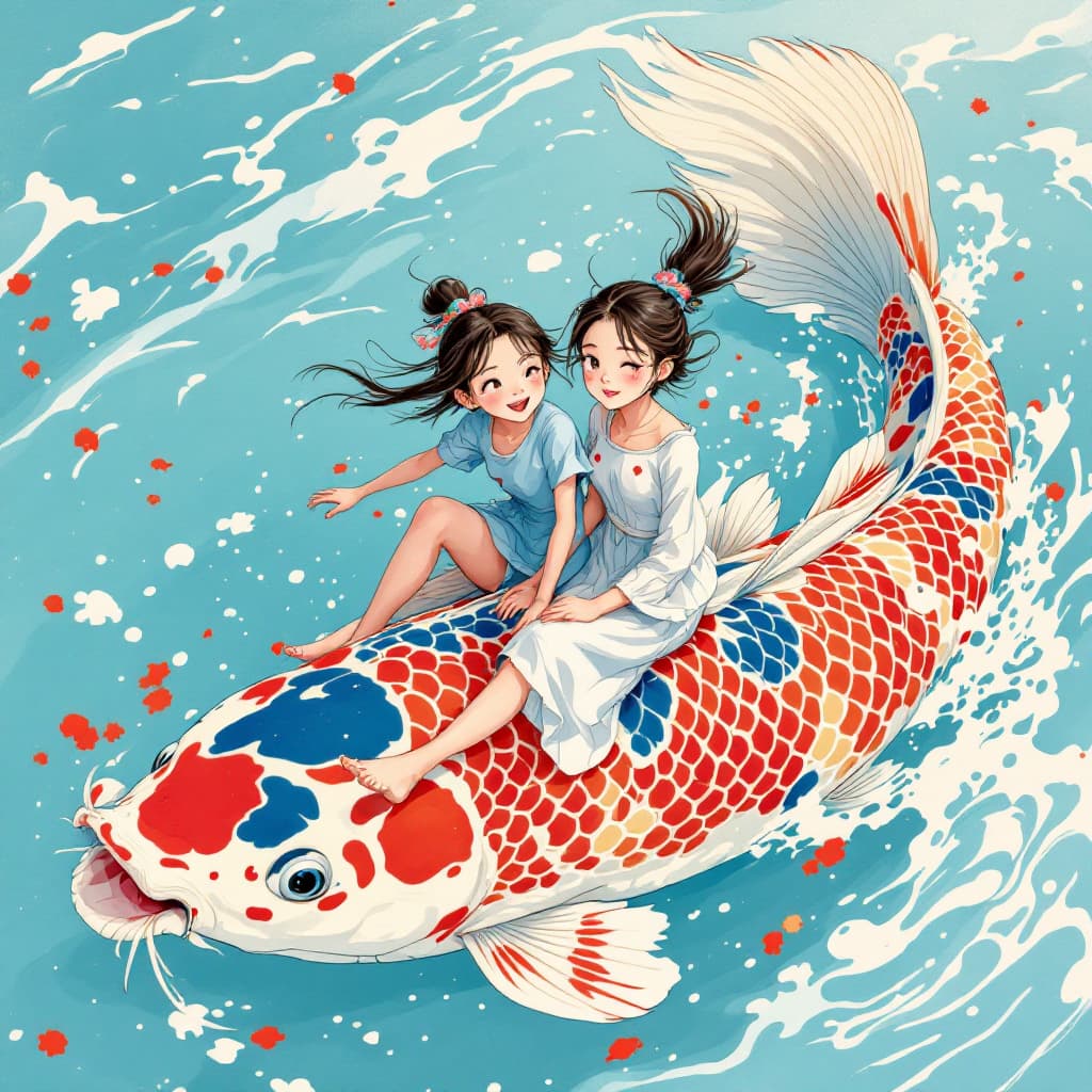 AI generated: a cartoon of a two girls riding a koi fish, in the style of he jiaying, comic/cartoon, ocean academi...