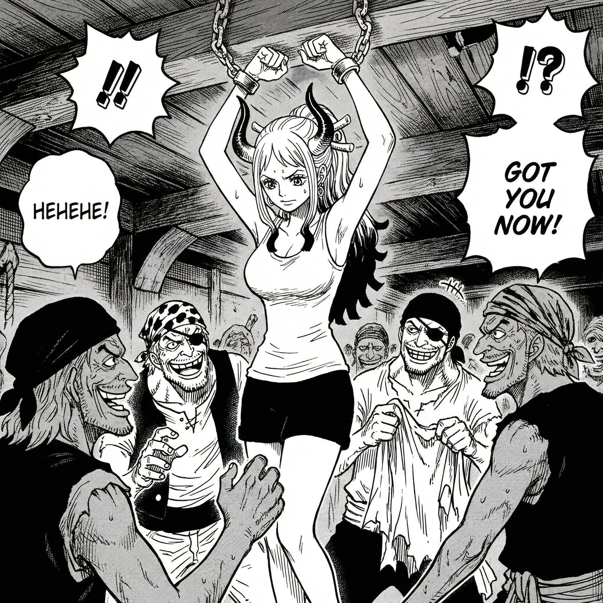AI generated: Generate an image of yamato () from one piece captured by many pirates and chained to the ceilling w...