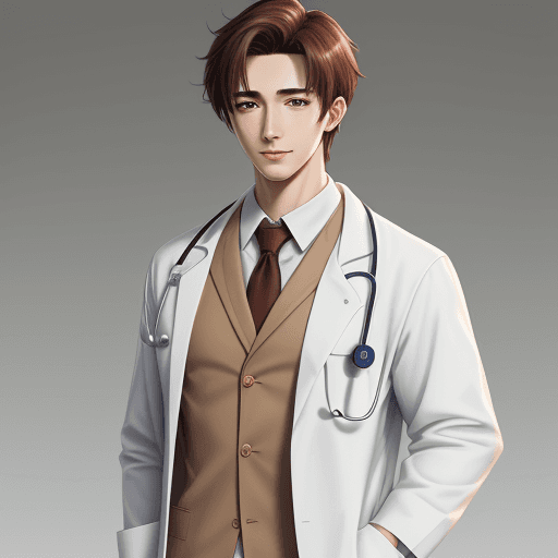 AI generated: young male handsome doctor,white skin, brown hair, white lab coat,  anime style, 4k