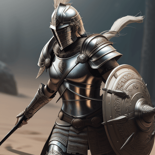 AI generated: Male spartan warrior in a battle ground, facing camera, finely detailed helm, armor, spear and shiel...