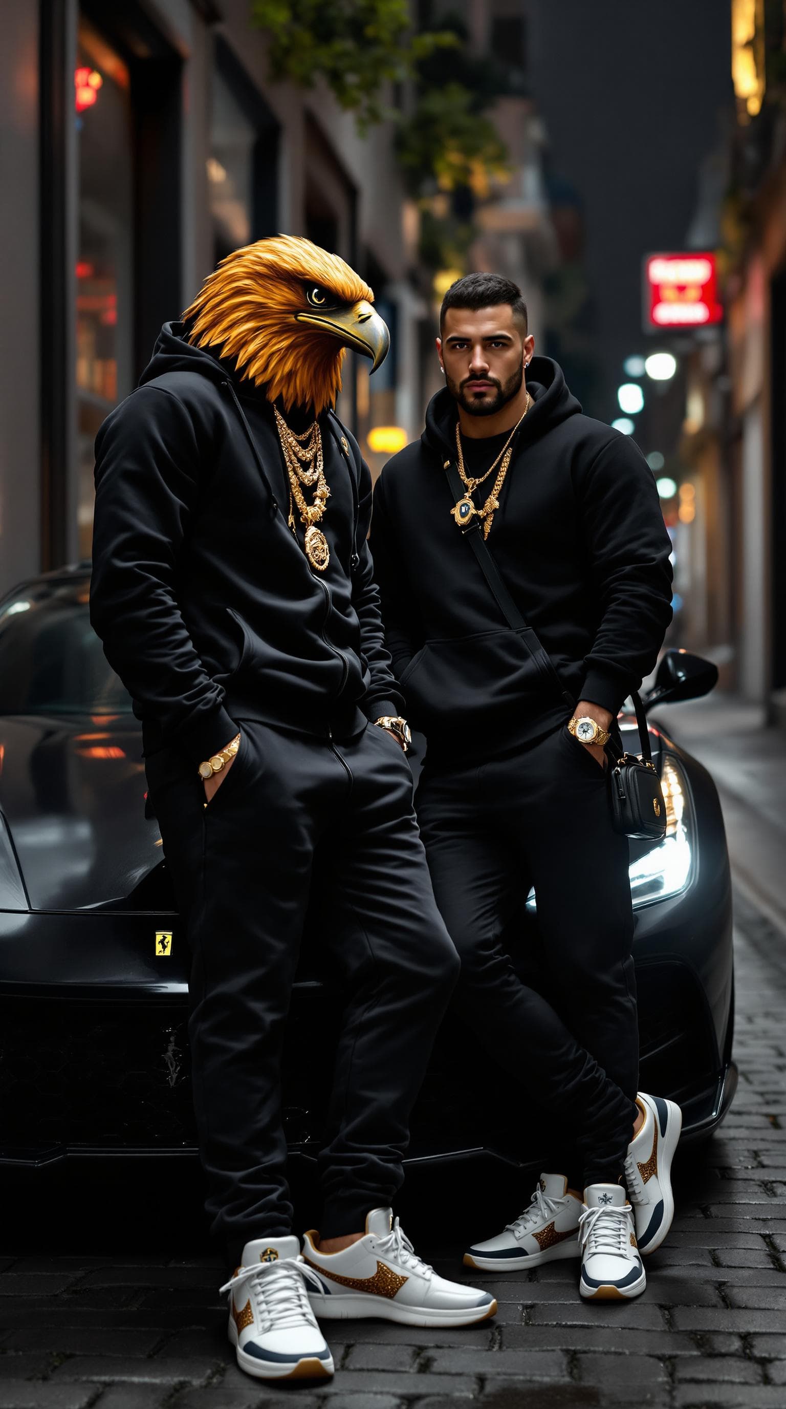AI generated: Two men dressed in luxury Italian streetwear, exuding the aura of elite mafia bosses. One has the he...