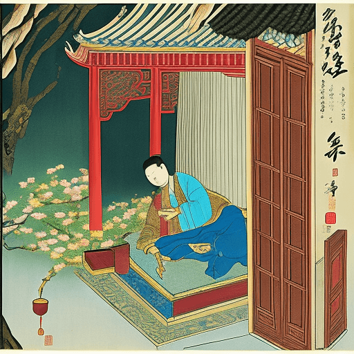 AI generated: hyper realistic Chinese poet lying in a drunken stupor outside the palace door. Morning dawns, he aw...