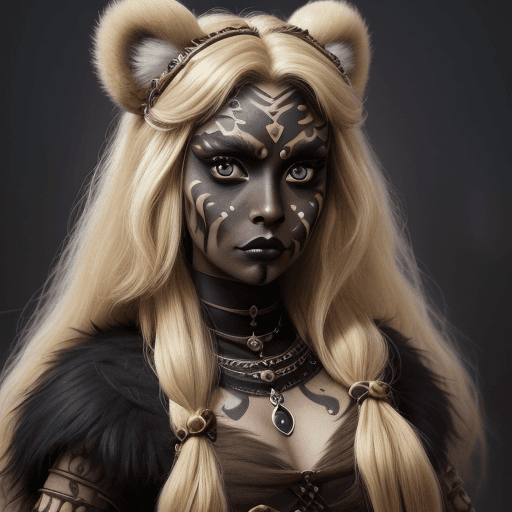 AI generated: a warrior princess in a dschungle, with black face paint, blonde long hair, brown big eyes, outfit m...