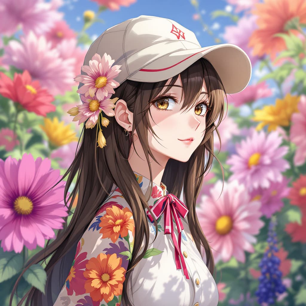AI generated: a woman with a cap and colorful flower, anime