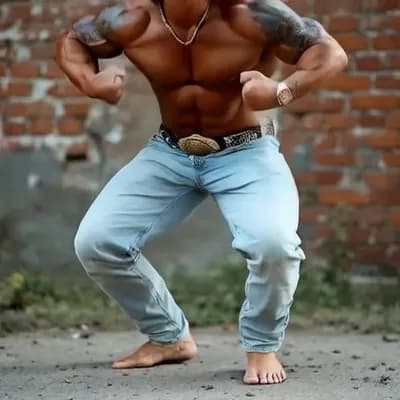 AI generated video: Standing up and walking towards me, stopping doing double bicep. Flax, doing most muscular pose, the...